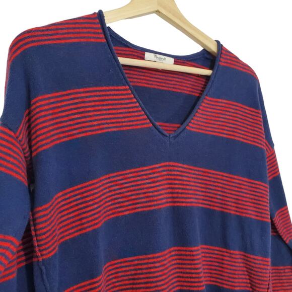 Madewell | Wool Blend 3/4 Sleeve Roll V-Neck Striped Sweater - Picture 2 of 7